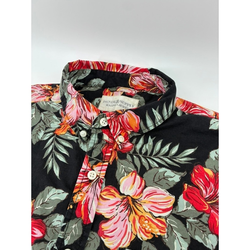 Denim & Supply Ralph Lauren Mens Large Black Tropical Hibiscus Floral Shirt L
